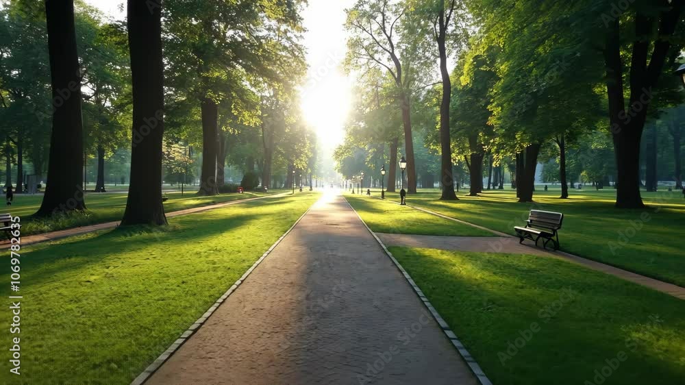 A paved path winds through a park, lined with tall trees, at sunrise A paved path winds through a park, lined with tall trees, at sunrise