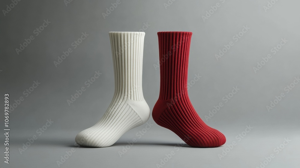 Pair of white and red socks on gray Pair of white and red socks on gray