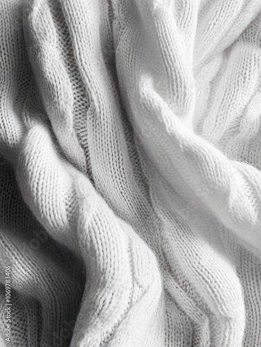 Close-up of a soft, white knitted fabric with a textured pattern.