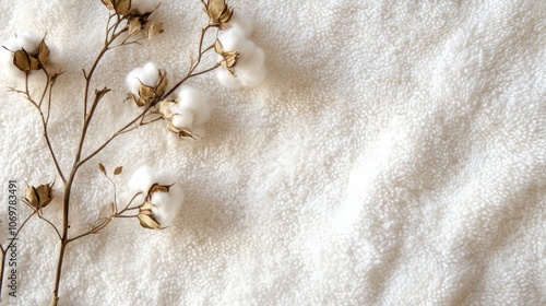 Dried branch of cotton plant on a soft white towel with space for text, elegant natural background