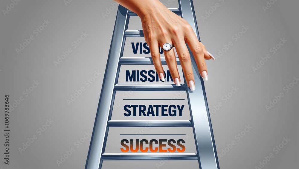 Vision, Mission, Strategy, Success - business performance ladder with ...