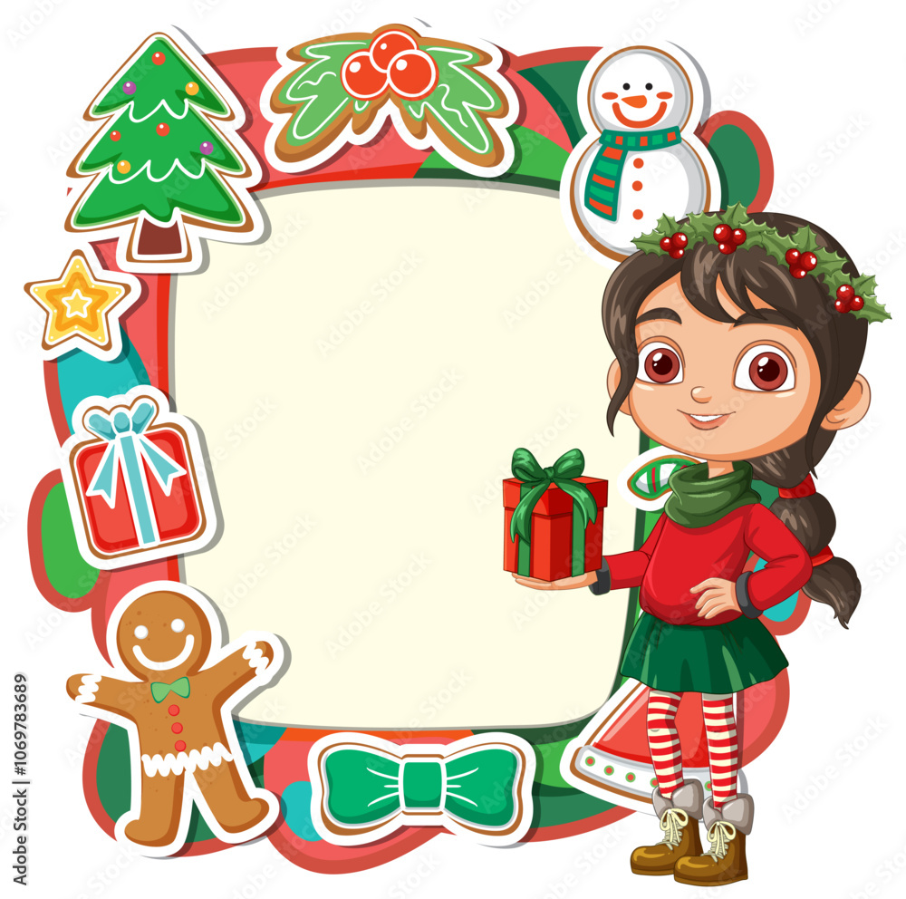 Naklejka premium Festive Christmas Frame with Girl