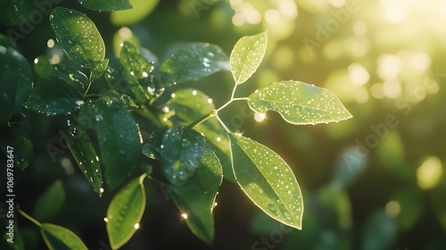 Dewy green leaves glisten in soft sunlight, showcasing nature's beauty and freshness after rain.