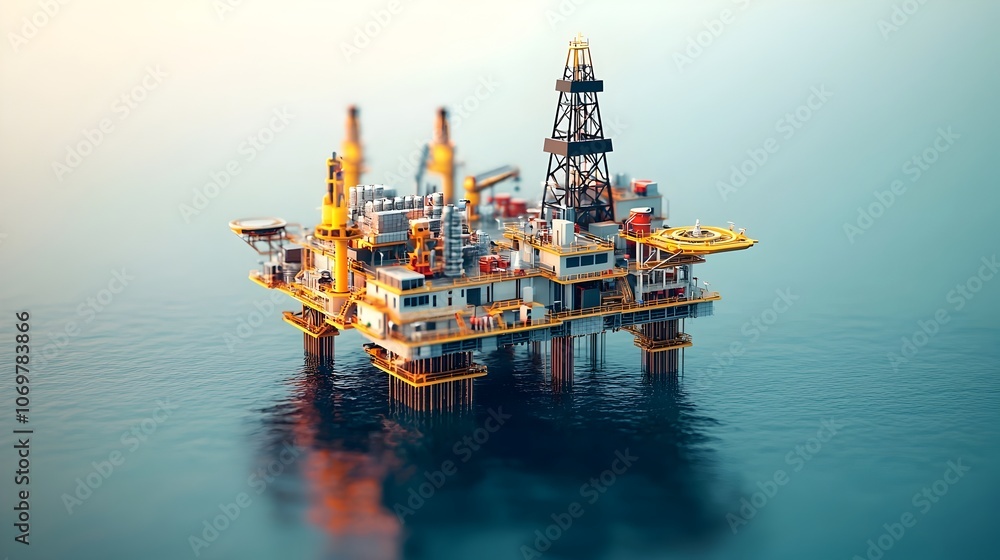 Aerial View of Sophisticated Offshore Oil Rig Surrounded by Marine Environment with Beautiful Gradient Sky in the Background Aerial View of Sophisticated Offshore Oil Rig Surrounded by Marine Environment with Beautiful Gradient Sky in the Background