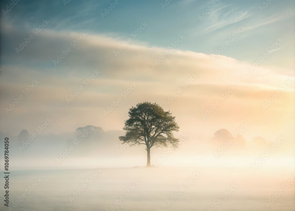 Fototapeta premium Serene Minimalist Trees in Foggy Landscape – Tranquil Nature Scene Evoking Calmness and Simplicity