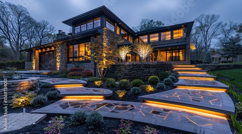 vModern gardening landscaping design details. Illuminated pathway in front of residential house.  photo