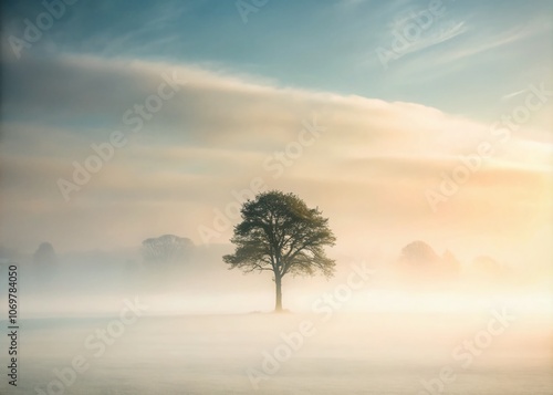 Serene Minimalist Trees in Foggy Landscape – Tranquil Nature Scene Evoking Calmness and Simplicity