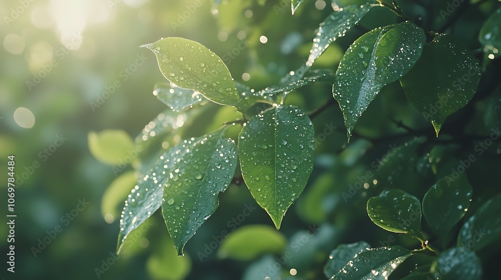 Close-up of fresh green leaves adorned with raindrops, illuminated by soft sunlight, creating a serene and refreshing atmosphere. Close-up of fresh green leaves adorned with raindrops, illuminated by soft sunlight, creating a serene and refreshing atmosphere.