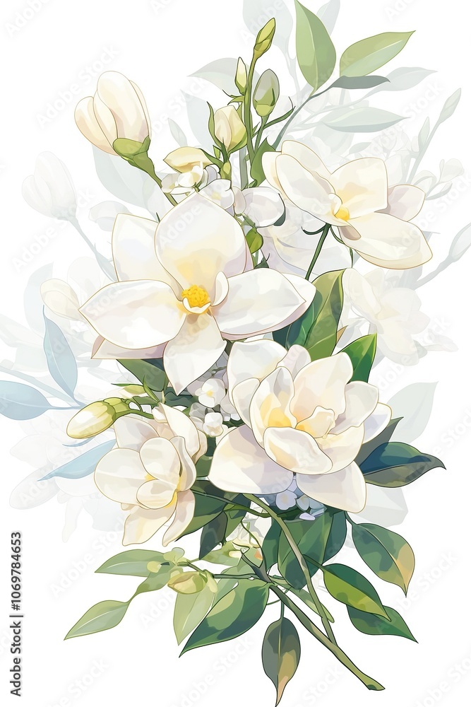 Obraz premium White Gardenia Flowers and Green Leaves Illustration