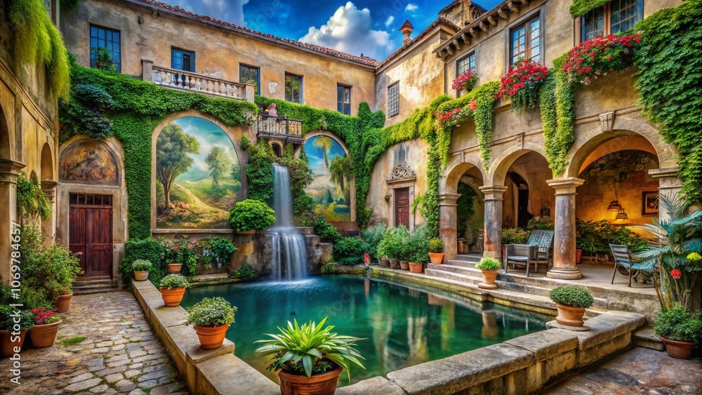 Serene Old Italian Courtyard with Pond and Waterfall: A Tranquil Escape for Photo Wallpapers Featuring Lush Frescoes and Timeless Architecture Serene Old Italian Courtyard with Pond and Waterfall: A Tranquil Escape for Photo Wallpapers Featuring Lush Frescoes and Timeless Architecture