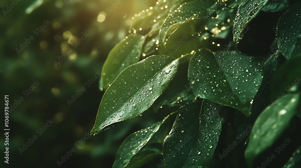 A close-up of vibrant green leaves adorned with glistening water droplets, illuminated by soft light, conveying freshness and natural beauty. A close-up of vibrant green leaves adorned with glistening water droplets, illuminated by soft light, conveying freshness and natural beauty.