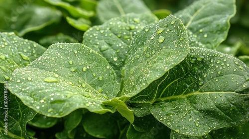 Lush green leaves covered in dew, showcasing nature's freshness and vitality after rainfall.