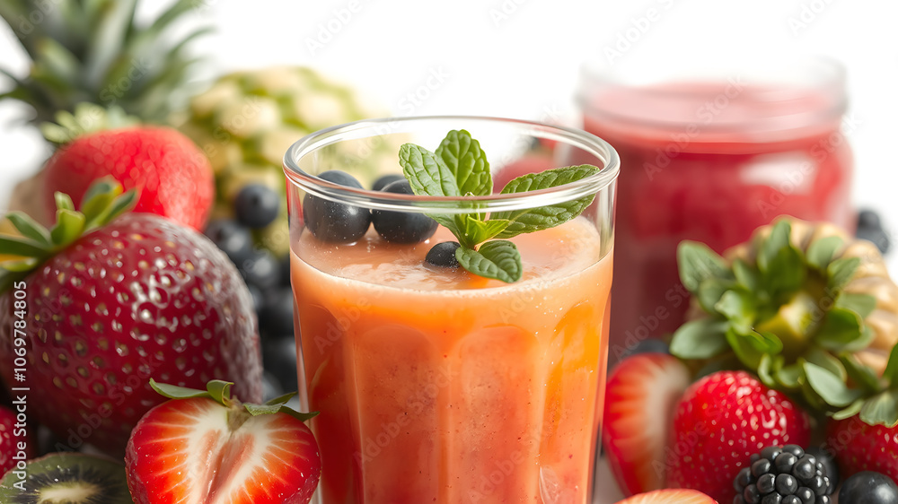 Glass of fresh smoothie and fresh orange and strawberrys on pink, white and wooden background. Healthy food and drink concept. Glass of fresh smoothie and fresh orange and strawberrys on pink, white and wooden background. Healthy food and drink concept.