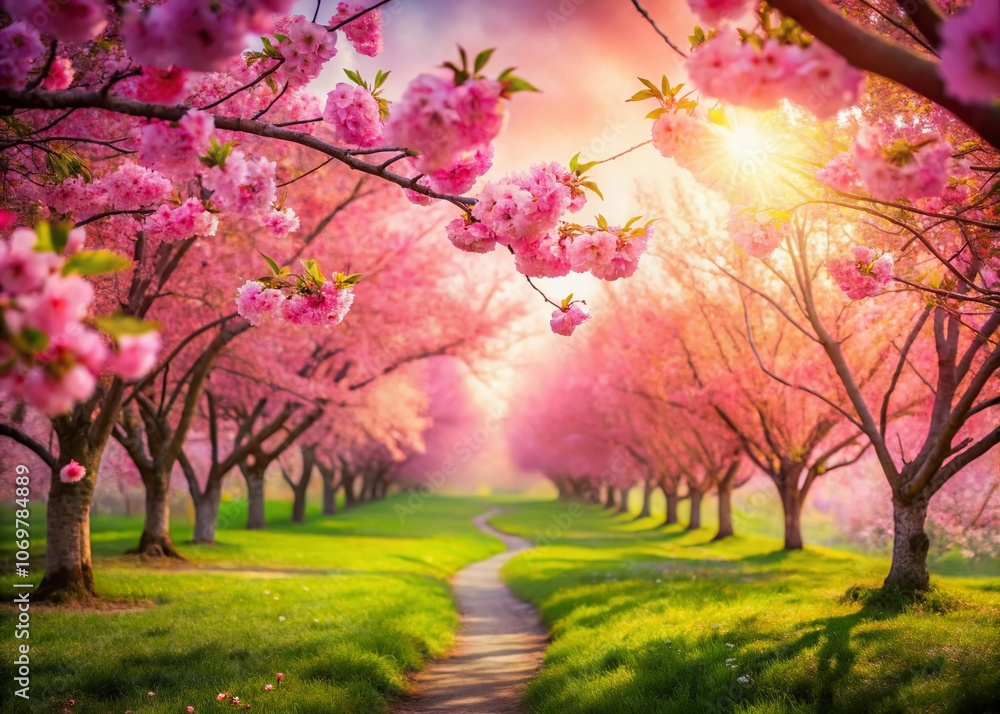Serene Pink Cherry Blossom Landscape: A Tranquil Spring Scene with Delicate Petals, Soft Light, and Lush Greenery Emphasizing Nature's Beauty and Renewal in Full Bloom Serene Pink Cherry Blossom Landscape: A Tranquil Spring Scene with Delicate Petals, Soft Light, and Lush Greenery Emphasizing Nature's Beauty and Renewal in Full Bloom