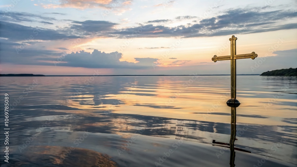 Serene Reflection of a Gold Cross on Tranquil Water at Sunset, Capturing the Beauty of Faith and Nature in Perfect Harmony with the Rule of Thirds Composition Serene Reflection of a Gold Cross on Tranquil Water at Sunset, Capturing the Beauty of Faith and Nature in Perfect Harmony with the Rule of Thirds Composition