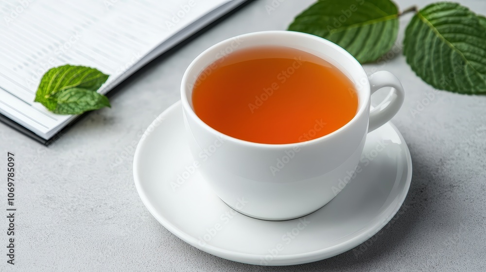 A serene cup of tea sits on a saucer, surrounded by fresh leaves, inviting a moment of relaxation and enjoyment. A serene cup of tea sits on a saucer, surrounded by fresh leaves, inviting a moment of relaxation and enjoyment.
