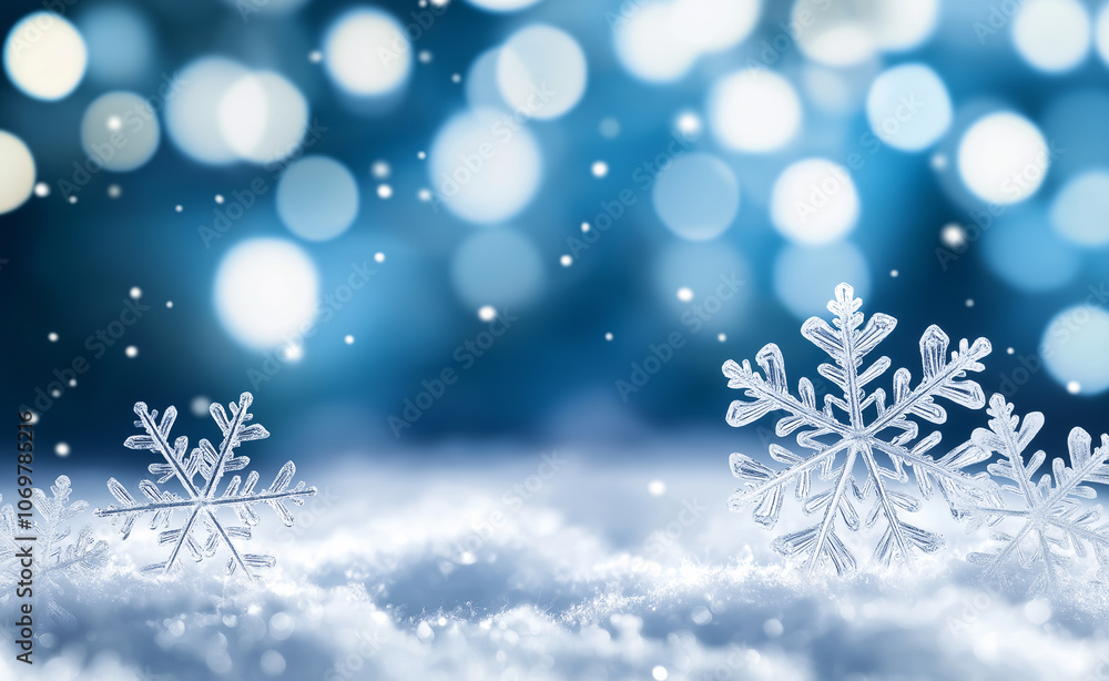 Close-up of a delicate snowflake with a bokeh background of winter lights in blue tones. Close-up of a delicate snowflake with a bokeh background of winter lights in blue tones.