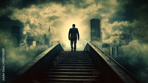 Entrepreneur on Career Path Climbing Stairs to Success: Future Planning, Business Competitions. High-Quality Concept Photo