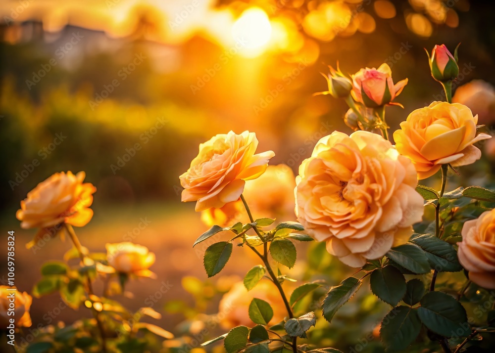 Serene Sunset Over a Rose Bush: Capturing Nature's Beauty in Minimalist Photography with Soft Light and Delicate Shadows Serene Sunset Over a Rose Bush: Capturing Nature's Beauty in Minimalist Photography with Soft Light and Delicate Shadows