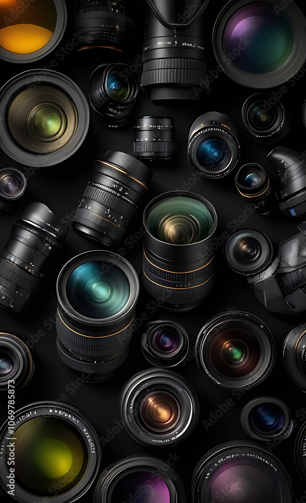 Set of Professional Lenses Displayed on a Black Background with Subtle Lighting and Soft Shadows Set of Professional Lenses Displayed on a Black Background with Subtle Lighting and Soft Shadows