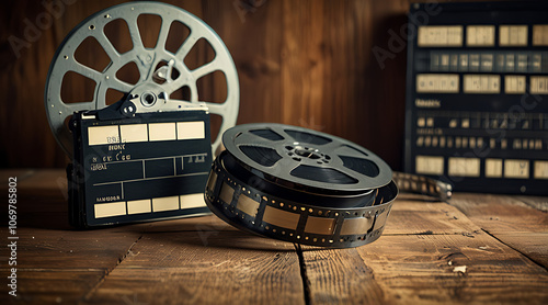 Vintage Movie Reel and Film Strips Laid Out on a Wooden Table with a Classic Film Editing Tool