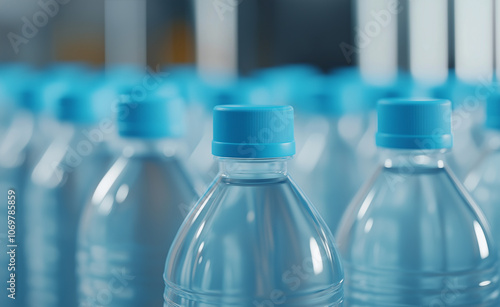 Row of water bottles in a warehouse with warm lighting.