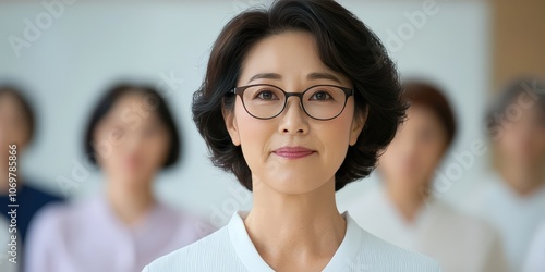 A confident woman with glasses stands in front of a group, embodying leadership and wisdom in a professional setting.