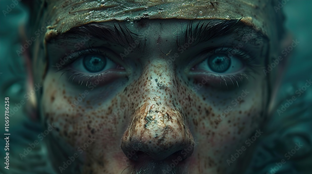 Close-Up Portrait of a Man with Blue Eyes and Freckles, Covered in Dirt Close-Up Portrait of a Man with Blue Eyes and Freckles, Covered in Dirt
