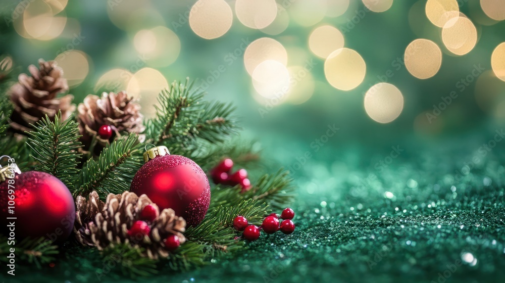 Fototapeta premium Festive green holiday background with Christmas theme