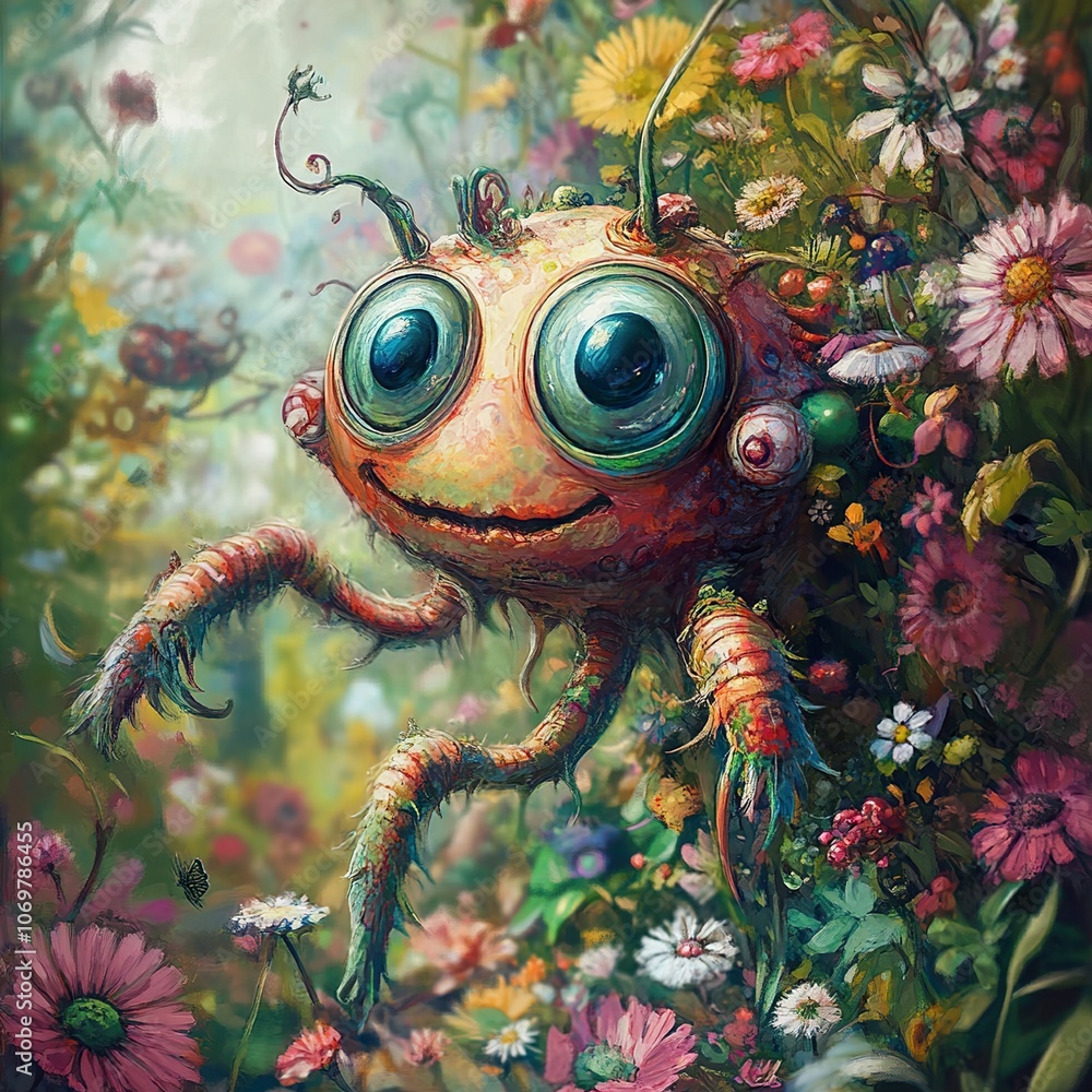 Whimsical Creature in a Floral Paradise: A Digital Art Illustration Whimsical Creature in a Floral Paradise: A Digital Art Illustration