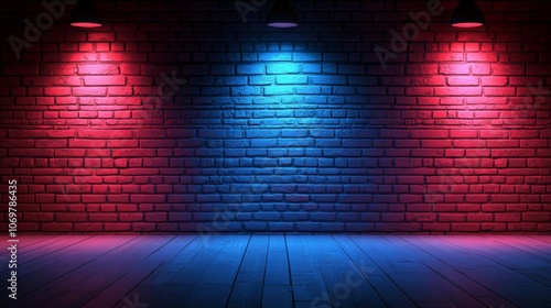 Vibrant Red and Blue Neon Lights Illuminating Unplastered Brick Walls Background and Textured Lighting Effect