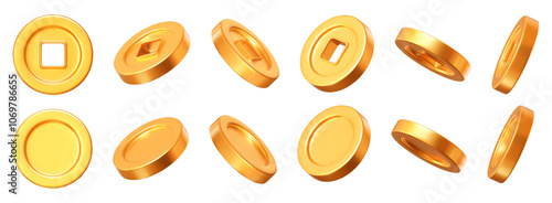 3d set of Ancient old gold coins of China, with square hole. Design element for Chinese New Year. Stock vector illustration on isolated background.