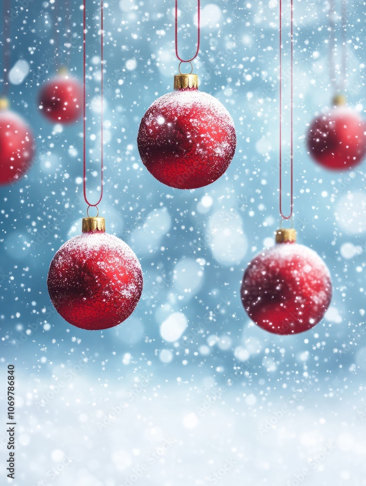 Festive red christmas baubles suspended against a snowy background with bokeh ambiance Festive red christmas baubles suspended against a snowy background with bokeh ambiance