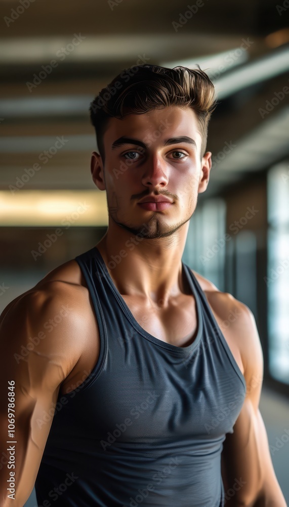 Obraz premium Muscular young man in a dark tank top standing indoors, looking confident.