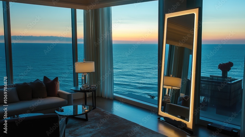 Fototapeta premium Modern Living Room with Ocean View at Sunset