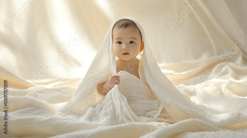 A Chinese baby is wrapped in a large white blanket, holding the end of the blanket with one hand and sitting on a soft cotton cloth. generative ai