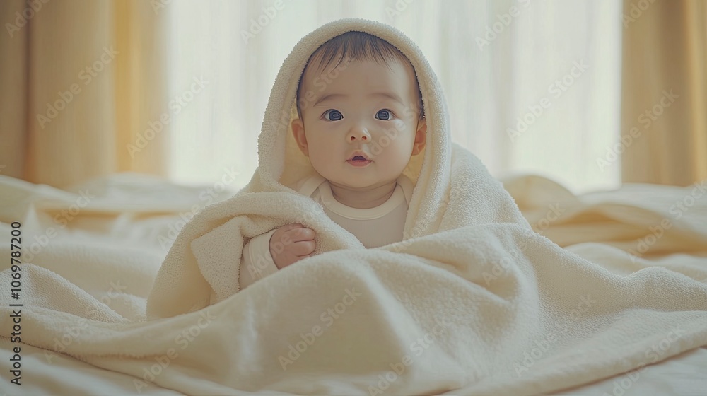 A Chinese baby is wrapped in a large white blanket, holding the end of the blanket with one hand and sitting on a soft cotton cloth. generative ai A Chinese baby is wrapped in a large white blanket, holding the end of the blanket with one hand and sitting on a soft cotton cloth. generative ai