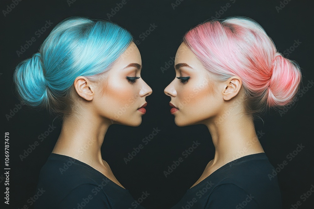 Colorful neon twins in stylish profile pose Colorful neon twins in stylish profile pose
