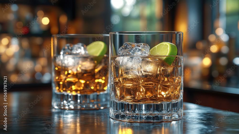 Refreshing glasses of gin and tonic with ice and lime slices, set against warm, inviting bar background. Perfect for relaxing evening or celebration Refreshing glasses of gin and tonic with ice and lime slices, set against warm, inviting bar background. Perfect for relaxing evening or celebration