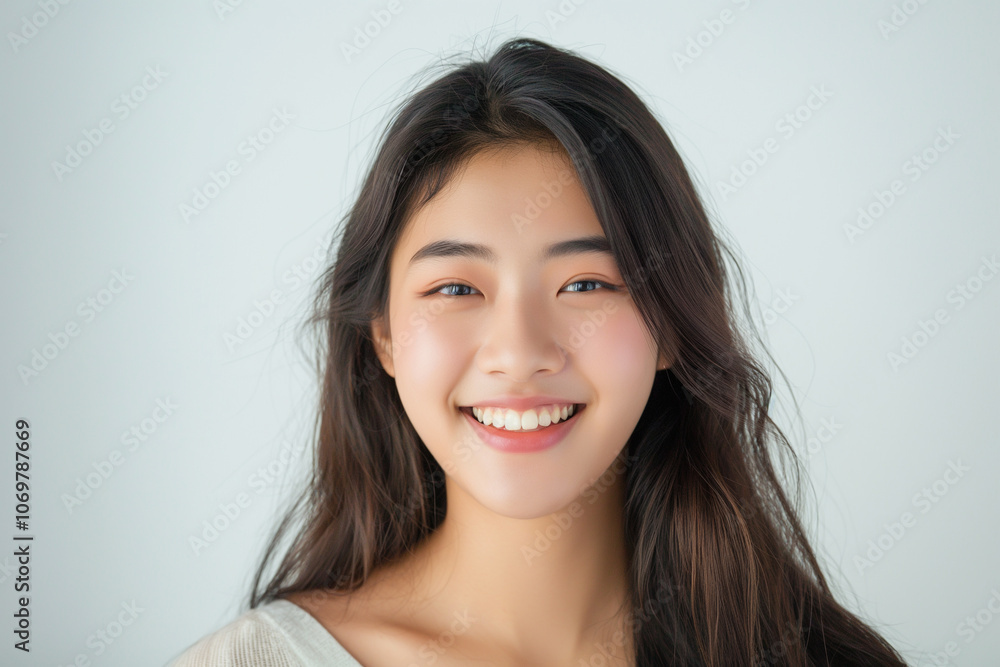 Beautiful young Asian woman in natural style makeup on white background. Beauty concept. Copy space Beautiful young Asian woman in natural style makeup on white background. Beauty concept. Copy space