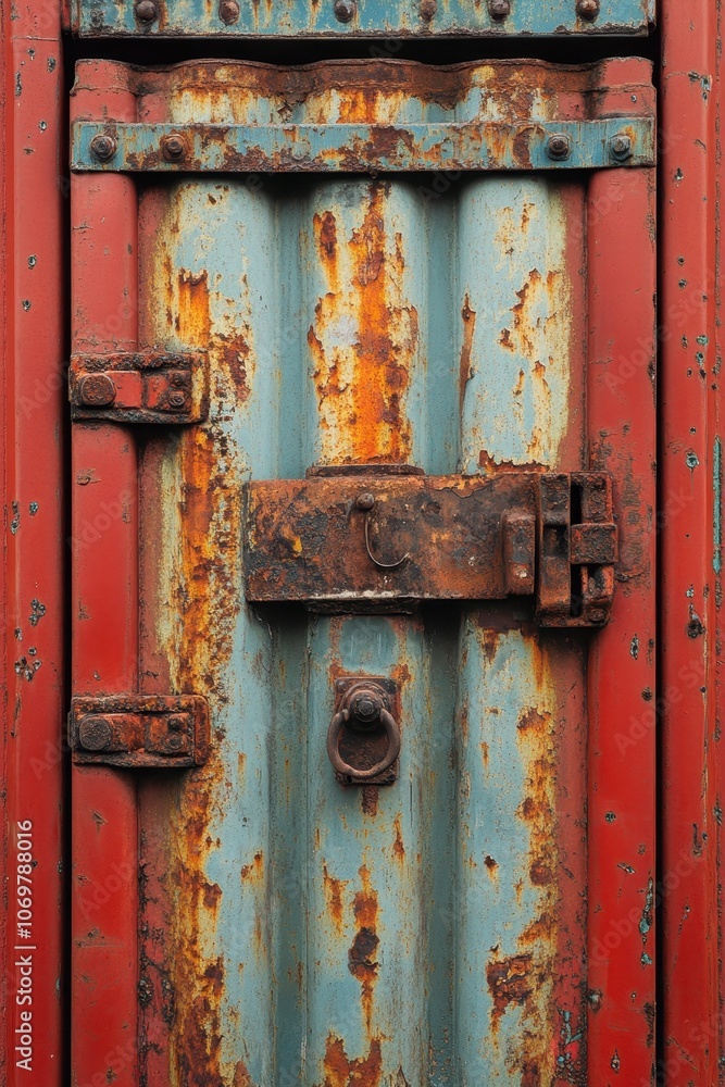 Rustic Weathered Metal Door with Rusty Lock and Vibrant Red and Blue Paint for Industrial and Vintage Design Concepts Rustic Weathered Metal Door with Rusty Lock and Vibrant Red and Blue Paint for Industrial and Vintage Design Concepts