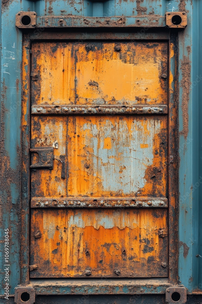 Naklejka premium Weathered Industrial Metal Door with Rust and Peeling Paint in Vibrant Orange and Blue Tones