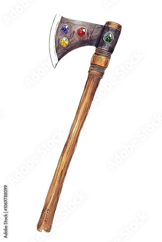 Watercolor Illustration of an Axe with Gemstones. photo