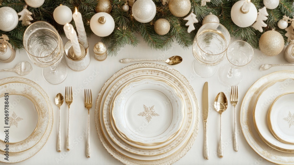 Christmas dinner table setting in white and gold, prepared for a holiday meal Christmas dinner table setting in white and gold, prepared for a holiday meal