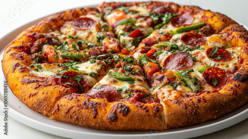 delicious pizza topped with bubbling cheese, pepperoni, fresh vegetables, and herbs, perfect for sharing with friends or family. Enjoy savory flavors and crispy crust!