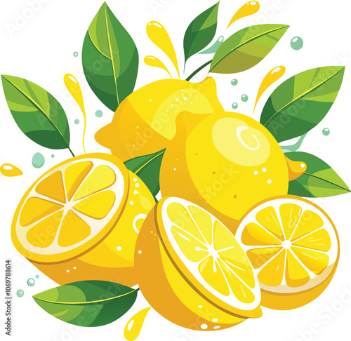 set of fresh delicious lemons splashing with leave