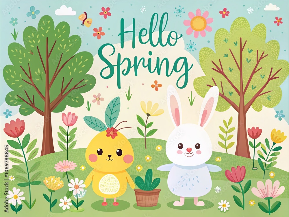 Spring Forest Elements with Bunny, Rabbit, and Chick Illustrations - A Vibrant Easter Collection Featuring Hello Spring Lettering and Cartoon Flat Design for Seasonal Decor Spring Forest Elements with Bunny, Rabbit, and Chick Illustrations - A Vibrant Easter Collection Featuring Hello Spring Lettering and Cartoon Flat Design for Seasonal Decor