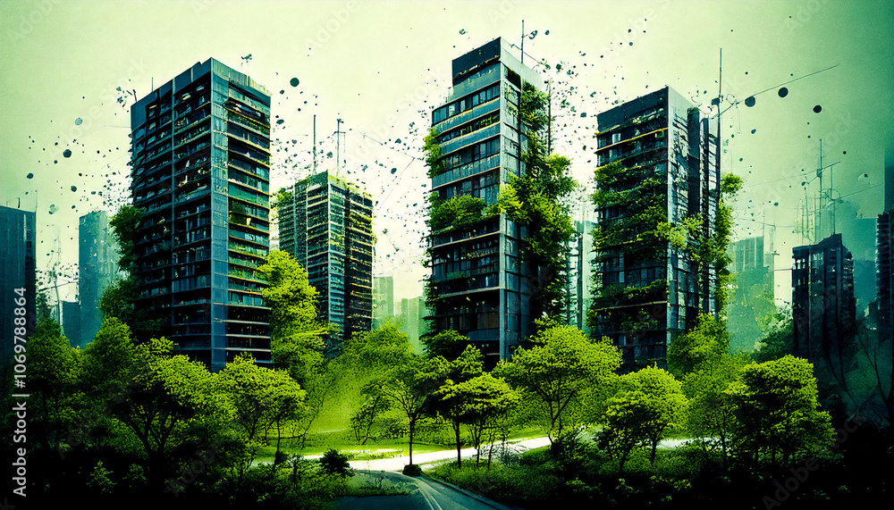 Obraz premium Abstract background with smart buildings, equipped with sensors and AI, using technology 5G-6G