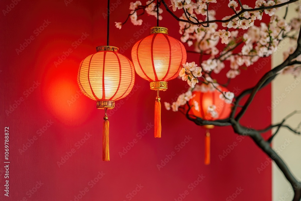 Happy Chinese new year 2024. Chinese new year banner for show product. Greeting card. China frame with lantern on red background. with generative ai Happy Chinese new year 2024. Chinese new year banner for show product. Greeting card. China frame with lantern on red background. with generative ai