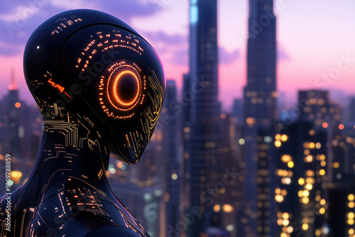 Futuristic humanoid android with illuminated circuits, standing tall in a futuristic cityscape at dusk, showcasing modern innovation and technology photo